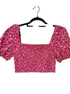 Altered State Red Floral Print Smocked Crop Top Square Neckline Puff Sleeves Wom